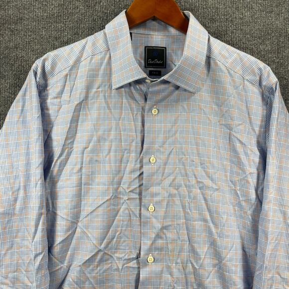 David Donahue Button Up Shirt Men's 17.5 34/35 Blue/Orange Tattersall Trim - Picture 2 of 12